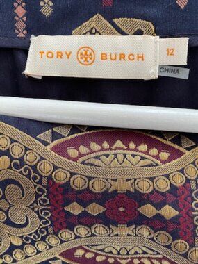 Tory Burch Metallic Jacquard Blouse Navy Burgundy GoldLong Sleeve 12